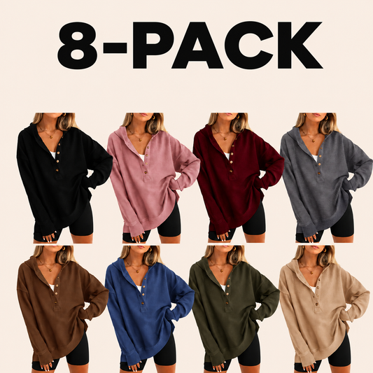 Women's Oversized Button V-Neck Hoodie Sweatshirt Long Sleeve Side Slit Casual Fall Pullover Top