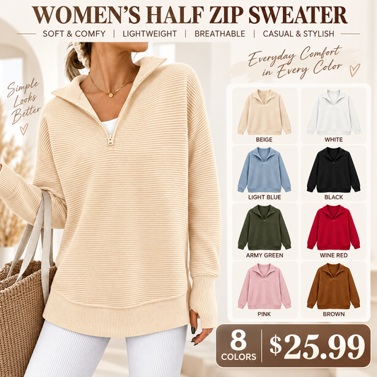 Women's Long Sleeve Quarter Zip Pullover Sweater Casual Loose V Neck Collared Ribbed Knit Jumper Tops