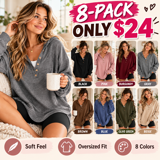Women’s Oversized V-Neck Hoodie – Relaxed Button Pullover with Side Slits